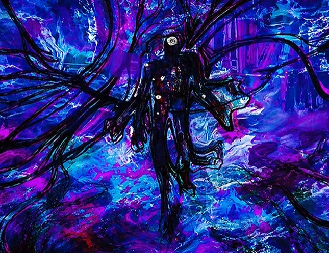 A vibrant, surreal digital artwork featuring a dark, humanoid figure with multiple tentacle-like appendages set against a chaotic background of blue and purple swirling colors.