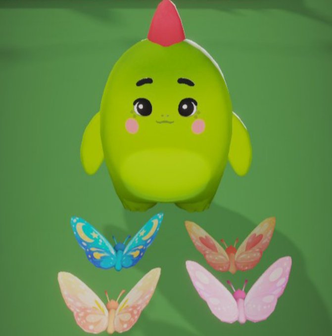 A 3D-rendered green avocado-shaped character with a red stem and blushing cheeks stands on a green surface above four colorful butterfly cutouts.