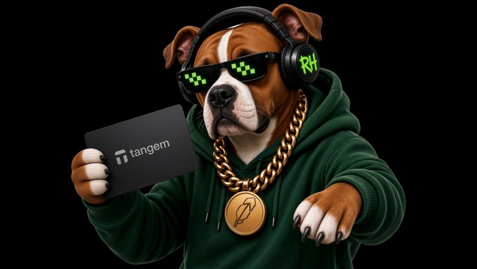 A bulldog wearing "deal with it" sunglasses, headphones, a gold chain, and a green hoodie holds a Tangem card displaying the Tangem logo. The image playfully reinforces the post's excitement about $GOOD being listed on Robinhood by Tangem and hints at the user's anticipation for custom wallets.