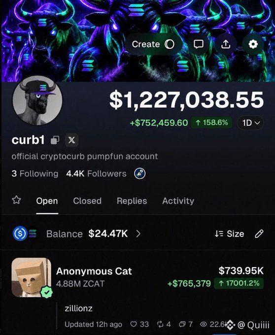 The image shows a Pump.fun profile for "curb1" displaying a portfolio balance of $24.47K and a total account value of $1,227,038.55, with notable holdings including "Anonymous Cat" (ZCAT) valued at $739.95K, up 17001.2% (+$765,379). This visually supports the post's claim of an account growing from ~$500,000 to $1.2 million, largely driven by the massive gains in ZCAT holdings.