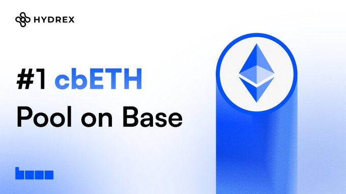 The image features a blue and white logo with a pyramid shape, which is part of an advertisement for Hyrex. The text "Hyrex now has the largest cbETH pool on @base" indicates that the company is promoting their cbETH pool service. The image also includes a hashtag (#cbETH) in the bottom right corner. The post encourages users to stake $USDC rewards, likely to help support the development and maintenance of the Hyrex cbETH pool.