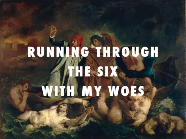 This image features a classical painting overlaid with the bold text "RUNNING THROUGH THE SIX WITH MY WOES." This imagery of struggle and chaos visually complements the post's prediction of a turbulent crypto market due to the integration of Robinhood tokens.
