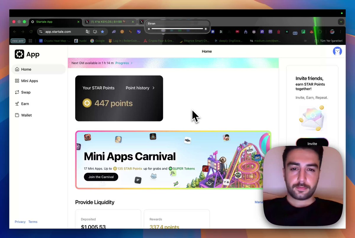 The image shows a man's face with his photo overlaid onto an app screen that displays a mini-app carnival. The man appears to be participating in this campaign, where he has to test various apps for points. The text on the image suggests that the person is earning Star points by testing and rating different apps. This activity can help them accumulate enough points to win prizes or even cash out.