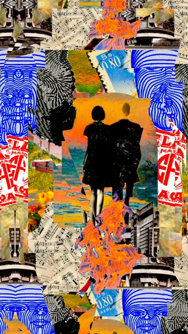 The collage features central silhouettes of a man and woman in black, surrounded by fragmented imagery of vintage newspapers, blue fingerprint patterns, postage stamps marked "0.80," and "LIFFE" text, evoking a sense of displacement and nostalgia.

This visual fragmentation and the recurring motifs of fingerprint-like swirls and scattered documents reinforce the post's theme of "Grammar of Exile," using layered, displaced imagery to suggest themes of identity, migration, and the bureaucratic traces left behind.