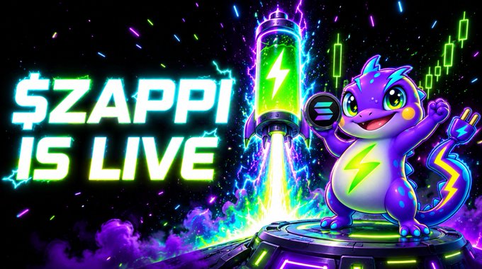 A vibrant promotional graphic with the text '$ZAPPI IS LIVE,' featuring a purple cartoon dragon-like creature standing next to a glowing lightning bolt battery.