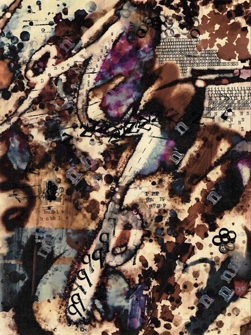 An abstract mixed-media artwork featuring grunge textures, ink splatters, numbers, and layered text and paper elements in brown, purple, and blue tones.