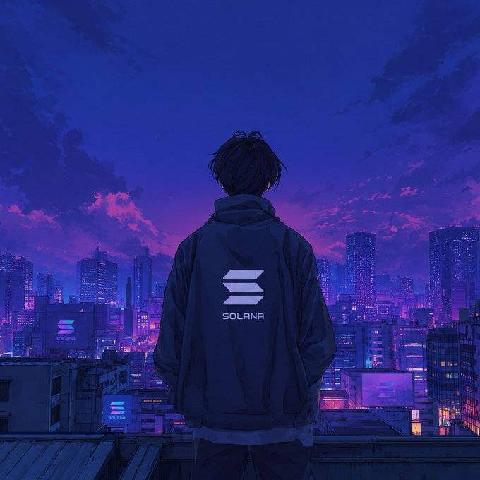 The image presents a young man wearing a jacket with the logo "Solana" at the top, standing on a rooftop overlooking a cityscape of tall buildings under a dark night sky. The scene includes a city skyline that shows several tall apartment buildings, some illuminated and others dark, suggesting different levels of activity in various parts of the city. The young man appears to be observing the city or perhaps lost in thought.