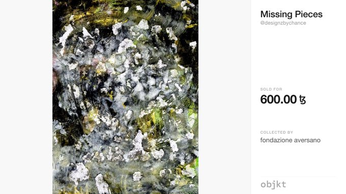 Objkt NFT marketplace listing for 'Missing Pieces' by @designzbychance, sold for 600.00 tez and collected by fondazione aversano.