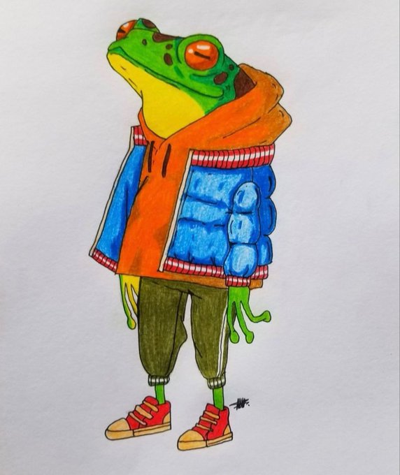 A colorful illustration of an anthropomorphic tree frog wearing streetwear—a blue puffer jacket, orange hoodie, olive joggers, and red sneakers—serving as the mascot for the Solana-based meme token $RIBBIT, which is trending on Dexscreener and slated for integration into a prediction market platform by @HelloMoon_io.