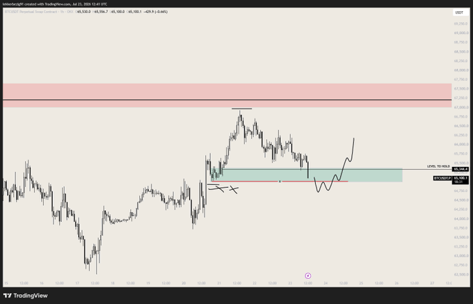 A TradingView chart of USOZ25 (crude oil futures) showing an annotated long setup with a liquidity sweep zone marked around the $66.10–$66.55 area, a red resistance zone near $67.20, and a drawn path indicating a pullback into the HTF POI before a potential long move—though the accompanying post references a $BTC long plan, creating a mismatch between the chart's commodity ticker and the described crypto trade idea.