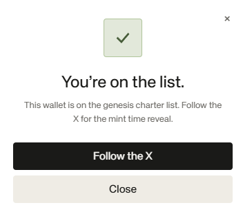 A pop-up confirmation displays "You're on the list" with a checkmark, indicating the user's wallet is registered on the genesis charter list for an upcoming mint revealed on X. The image supports the post's claim of being part of the "$1B project on Robinhood" by showing the user's successful onboarding to the project's exclusive whitelist.