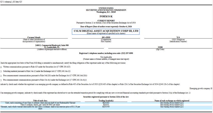 A Form 8-K Current Report filed with the SEC by CSLM Digital Asset Acquisition Corp II, Ltd on October 6, 2020, detailing securities registration and trading symbols CSLM, CSLM.WS, and CSLMU.