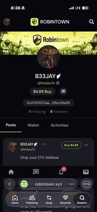 The image shows a profile page on Robintown for user B33JAY (@beejay0x), displaying a wallet address, 9 followers, and a recent post that reads "Drop your ETH Address." The post is a promotional guide for joining Robinhood on the platform, instructing users to sign up via a referral link, deposit $1 ETH, bridge to Robinhood, and purchase a key to become tradable.
