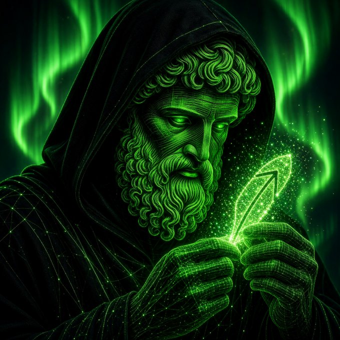 A hooded, bearded figure conjures a glowing green rune amid ethereal flames, evoking the mystical, ritual-like journey of $HARMONIC's fair-launch crypto project—where the magic lies in its trustless, team-less design rather than in any visible text or numbers.
