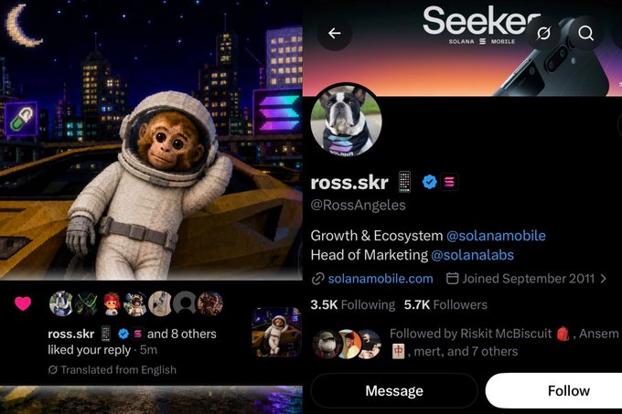 A screenshot showing an Instagram post of an astronaut monkey next to a yellow car in a city at night, alongside a profile for 'ross.skr' @RossAngeles on the Seeker app with 5.7K Followers.