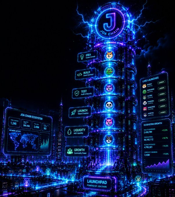 A futuristic, neon-blue digital artwork for 'JOA CHAIN', depicting a sci-fi skyscraper with a central pillar showing development stages (Idea, Build, Test, Launch, Liquidity, Growth) alongside data panels displaying ecosystem metrics and a 'LIVE LAUNCHES' list.