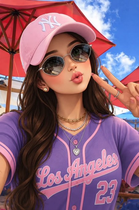 A stylized digital illustration features a woman wearing a pink NY Yankees cap, sunglasses, and a purple 'Los Angeles 23' jersey, posing with a peace sign against a sunny outdoor backdrop.