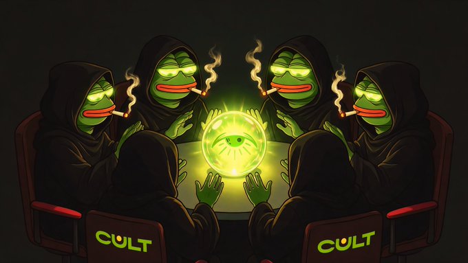 An illustration of Pepe the Frog figures in hooded robes sitting around a glowing eye orb at a table, with 'CULT' written on their chairs.