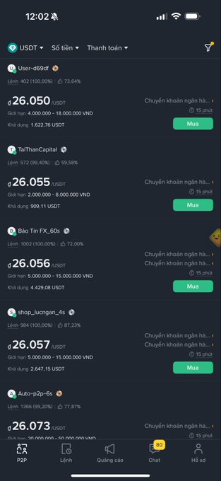 A mobile app screenshot showing USDT/VND exchange listings with sellers offering around 26,050-26,073 USDT for 4-15 million VND.