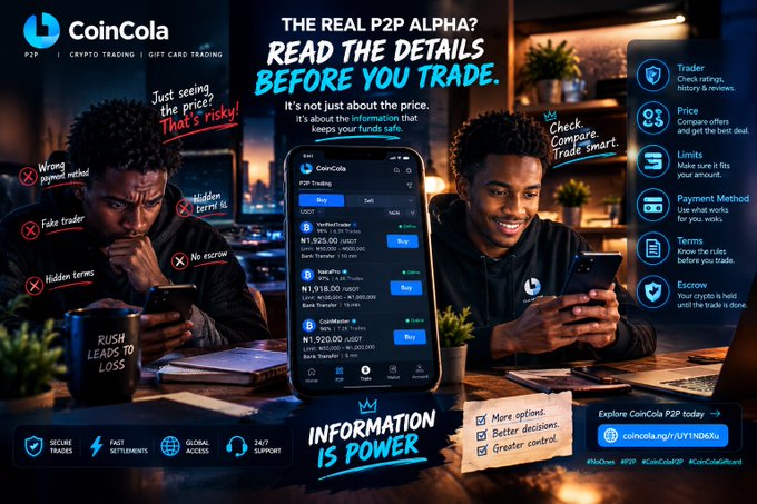 CoinCola P2P cryptocurrency trading advertisement highlighting the importance of reading details before trading, with features like trader ratings, price comparison, and escrow protection.