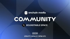 A dark blue graphic for an 'Onchain Media Community Roundtable Space' event on X, scheduled for 2PM PT / 5PM ET / 1PM UTC.