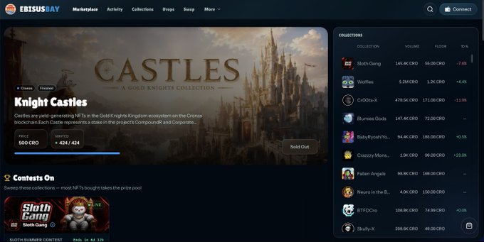 Screenshot of the EbisusBay NFT marketplace featuring the 'Knight Castles' Gold Knights collection with a price of 500 CRO and minted count of 424/424, alongside a list of other collections and their trading volumes.