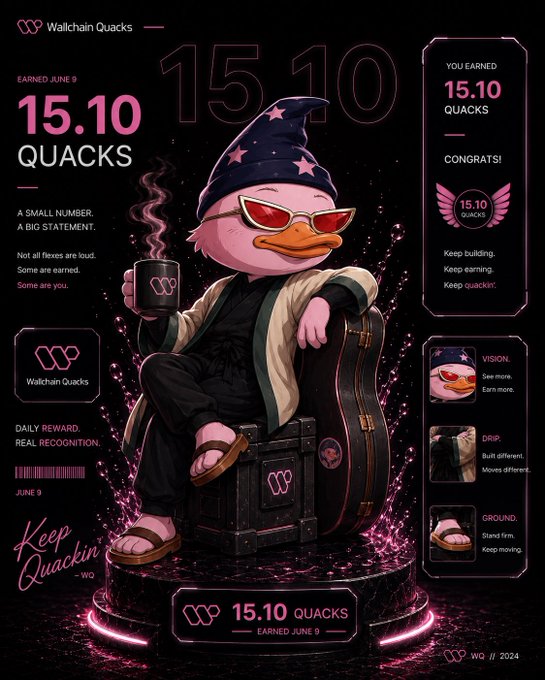 The image features a cartoon duck wearing sunglasses and holding a cup with its beak. The duck is sitting on top of a box that has been tipped over, revealing a pinkish-purple background. The text in the image includes information about a "Spring Uncoils With Massive ImPULSE ON @wallchain!". This suggests that there might have been an explosion or a sudden movement related to the accumulation shelf, causing the box to tip over and spill its contents onto the background.