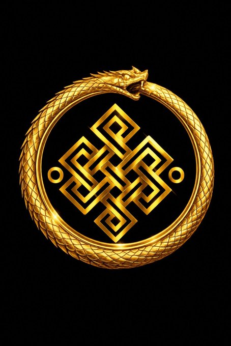 The image features a gold snake design with a circle around it, which has a snake inside of it. The snake's head is positioned at the center of the circle, while its body extends outwards. The snake's mouth is open, as if ready to strike. The background of the image is black and white, providing contrast to the gold elements in the design. The post that this image appears on reads: "The people who believe the longest often win the biggest #KARMA #Solana #ETH #Base #Crypto #PumpFun".