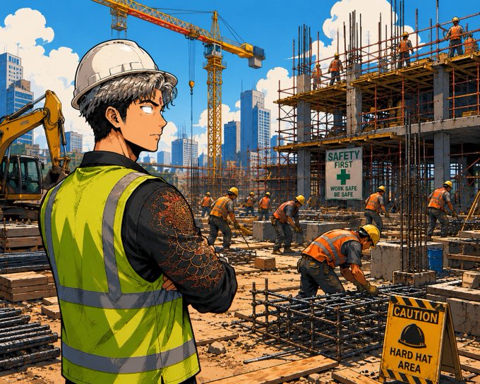A manga-style construction worker in a hard hat and high-visibility vest oversees a bustling building site filled with workers, scaffolding, and cranes, with visible signs reading "SAFETY FIRST - WORK SAFE BE SAFE" and "CAUTION - HARD HAT AREA." The image metaphorically represents building and maintaining a strong project foundation, echoing the post's message that a skilled community manager is essential for constructing and sustaining a thriving project like a well-built structure.