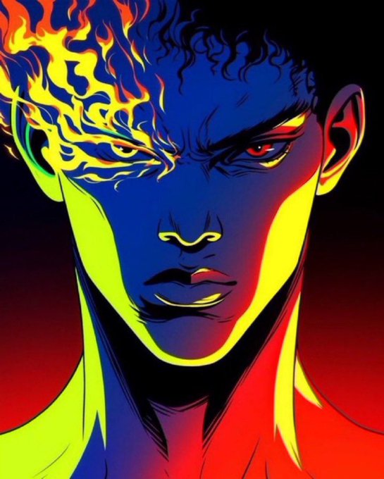 A striking neon-colored illustration of a man's face with one side on fire and blue skin, contrasting with a dark red background.