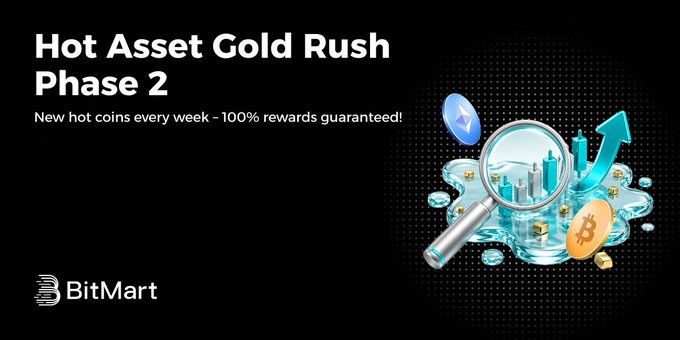 The image features a black background with white text that reads "Hot Asset Gold Rush Phase 2" followed by an arrow pointing towards a magnifying glass, which represents the gold rush. Below this, there are illustrations of various coins and dollar signs symbolizing the assets being acquired during this phase. The post announces that it is an advertisement for an asset trading platform where users can acquire new hot coins every week with 100% guaranteed rewards. This platform offers instant cashback for participants, providing a unique opportunity to trade and accumulate virtual gold at their own pace.