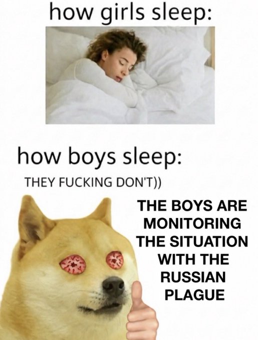 A meme contrasting "how girls sleep" with a peacefully resting woman against "how boys sleep: THEY FUCKING DON'T))" paired with a wide-eyed Shiba Inu dog with red pupils giving a thumbs-up, captioned "THE BOYS ARE MONITORING THE SITUATION WITH THE RUSSIAN PLAGUE." The image humorously relates to the accompanying post "Monitoring the situation" by depicting an alert, sleepless "boy" character vigilantly watching for news about the Russian plague.
