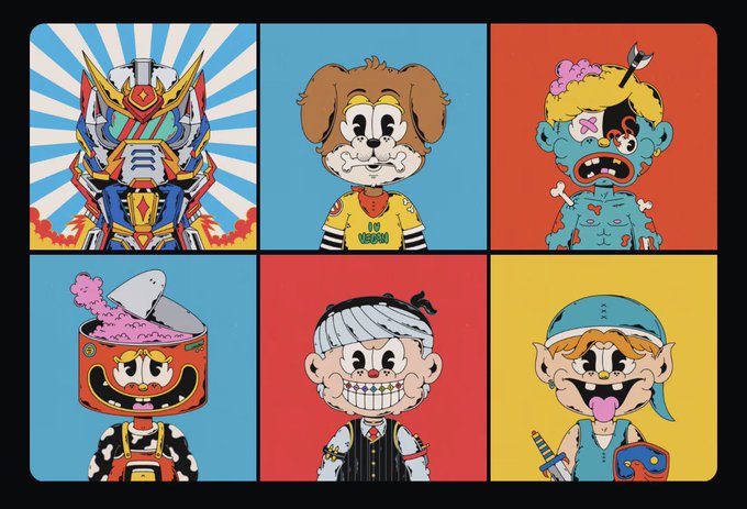 A 2x3 grid of cartoon-style NFT characters with various designs: a Gundam-style robot, a dog in a yellow shirt, a zombie, a tin can robot, a ventriloquist dummy, and a pirate character.