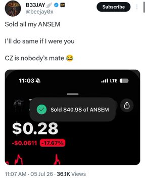 A screenshot of a tweet by B33JAY (@beejay0x) reads "Sold all my ANSEM. I'll do same if I were you. CZ is nobody's mate 😂" alongside a Robinhood screenshot showing a sale of 840.98 shares of ANSEM at $0.28, reflecting a -$0.0611 (-17.67%) loss. The image satirically highlights the trader selling ANSEM at a low price, reinforcing the post's mockery of buying back higher after selling low.