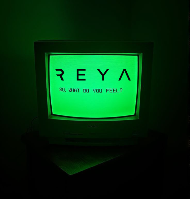 An old Sony CRT monitor displaying a bright green screen with the text 'REYA' and 'SO, WHAT DO YOU FEEL?' in a dark room.