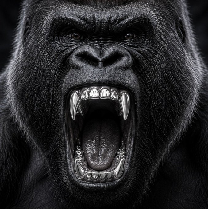 A snarling silverback gorilla with bared fangs and an open mouth is shown in a dramatic black-and-white close-up. The fierce image embodies the "$SILVERBACK" token's branding, symbolizing strength and dominance while promoting the claim of over 1.5 kg of tokenized silver distributed as rewards to holders.