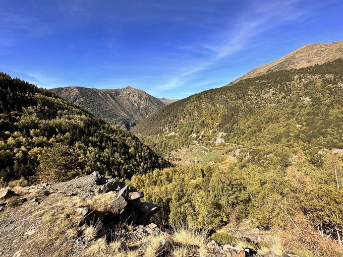 A breathtaking mountain valley vista featuring forested slopes leading up to rocky peaks under a vibrant blue sky, perfect for a "good morning" greeting. The rocky outcrop in the foreground suggests a scenic overlook perfect for starting the day with nature.