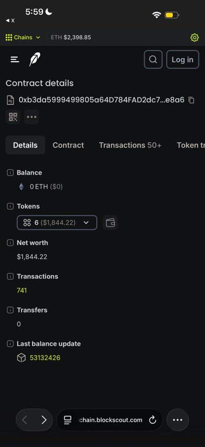 A mobile screenshot of a blockchain explorer showing contract details for address 0xb3da5999499805a64D784FAD2dc7...e8a6 with a balance of 6 tokens valued at $1,844.22 and 741 transactions.