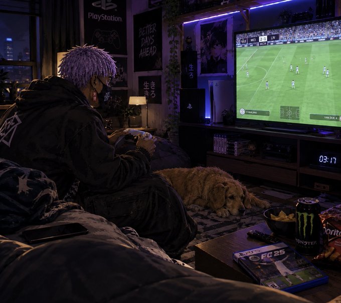 A person with purple hair playing soccer video games in a dimly lit room, accompanied by a golden retriever dog, with PlayStation branding and a Monster energy drink visible.