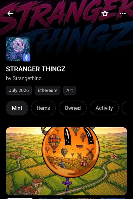 This image displays details about an NFT collection called "STRANGER THINGZ" by Strangethinz, which is about to mint for $5 with 475 supply. The image shows the project's title and a preview of the artwork.