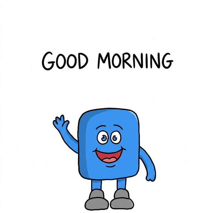 A cartoon illustration of a smiling blue rounded rectangular character waving, with the text 'GOOD MORNING' displayed above it on a white background.