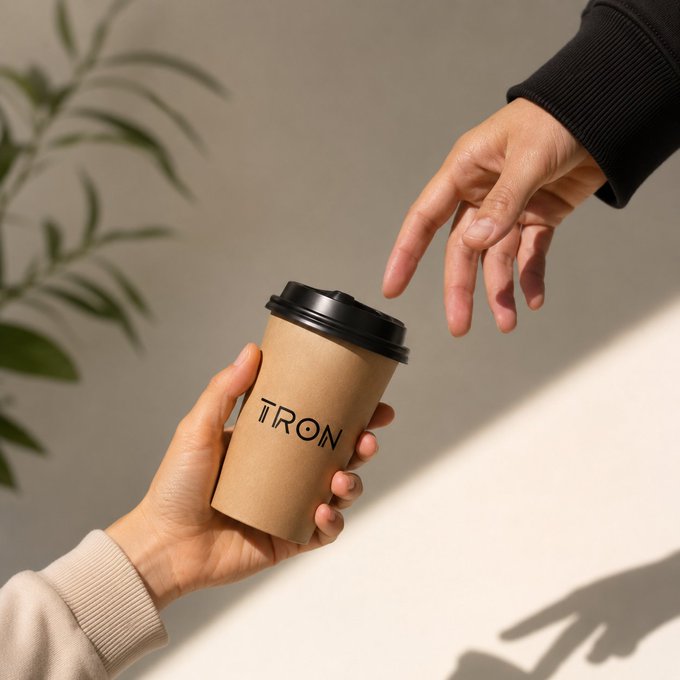 A hand passes a kraft paper coffee cup labeled "TRON" to another hand, symbolizing a calm exchange between members of the TRON community as they start their day with an on-chain coffee moment.