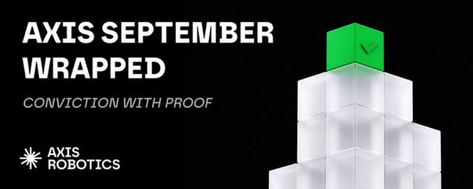 A promotional graphic for 'AXIS SEPTEMBER WRAPPED' with the tagline 'CONVICTION WITH PROOF' and the Axis Robotics branding, featuring a stack of translucent cubes topped with a green block containing a checkmark.
