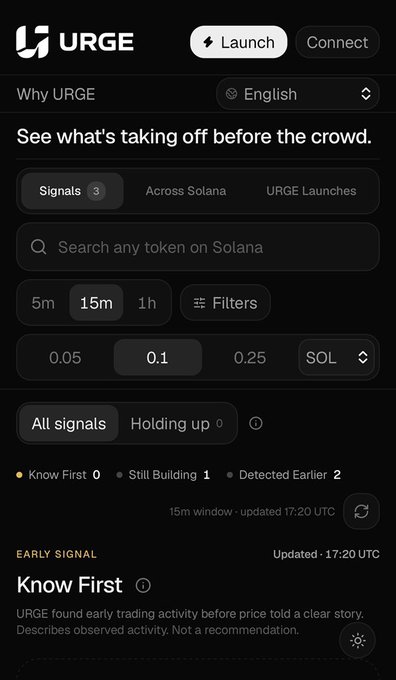 URGE's dashboard interface showing real-time Solana memecoin signals with filters set to a 15-minute window, displaying early trading activity indicators like "Know First 0," "Still Building 1," and "Detected Earlier 2," updated at 17:20 UTC, designed to detect breakout tokens before they trend.
