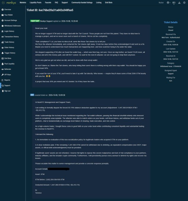 The image shows a NonKyc support ticket (ID: 6ac76be20a31ad42a348faa5) submitted on October 8, 2024, where a user named Torreco disputes a 0.74% balance deduction of 1,447.360 XTM (~$2,413.75) applied after a supposed hack, with NonKyc's support team responding dismissively and suggesting the bug "told them to fix it." The exchange reports being "Robbed Of 130k" while proposing to halve user holdings rather than compensate victims, illustrating the warning about the shady exchange exploiting users post-hack.
