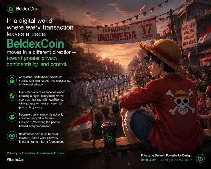A promotional graphic for 'BeldexCoin' featuring anime-style artwork of a boy in a straw hat overlooking an Indonesian celebration, with text emphasizing privacy: 'Privacy is Freedom. Freedom is Future.' and 'BeldexCoin - Building a Private Future.'