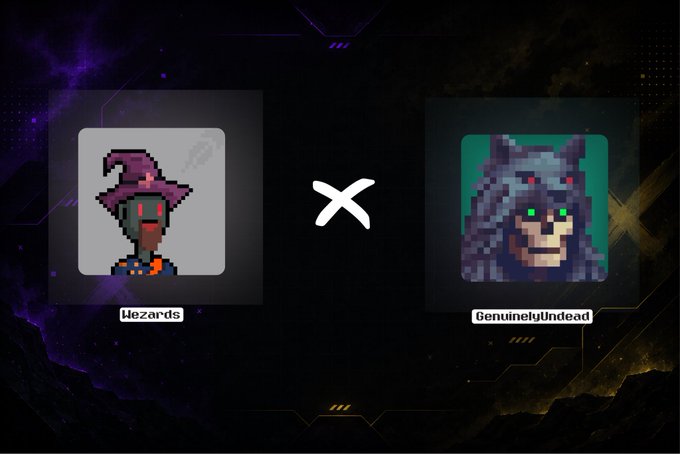 A collaboration graphic featuring the pixelated Wezards wizard character and the wolf-like GenuinelyUndead NFT avatar separated by a multiplication symbol, illustrating a cross-promotional mint partnership. Visible text labels include "Wezards," "GenuinelyUndead," and references to "3,333 Wezards" minting on Robinhood Crypto.
