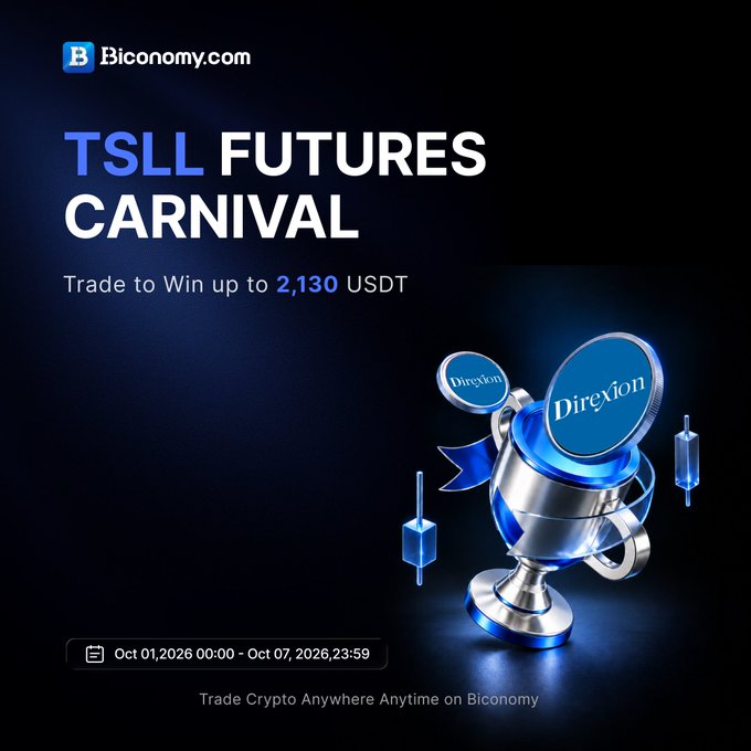 Promotional advertisement for Biconomy.com's 'TSLL FUTURES CARNIVAL' trading event, offering a chance to win up to 2,130 USDT, running from Oct 01, 2026 to Oct 07, 2026, featuring a Direxion trophy and the tagline 'Trade Crypto Anywhere Anytime on Biconomy'.