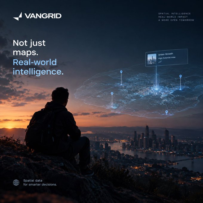 Vangrid advertisement with the tagline 'Not just maps. Real-world intelligence.' showing a person looking out over a city at sunset with a holographic map overlay displaying 'Urban Growth - High Potential Area'.