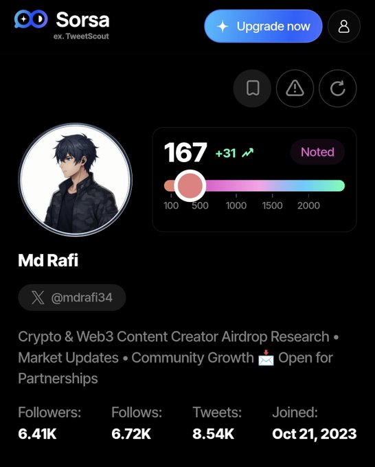 Screenshot of the Sorsa (ex. TweetScout) profile page for Md Rafi (@mdrafi34), a Crypto & Web3 Content Creator, showing 6.41K followers, 8.54K tweets, and a score of 167.